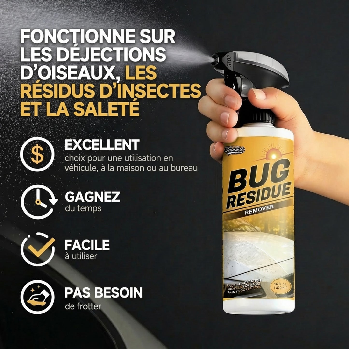 Spray puissant éliminateur d’insectes pour voiture